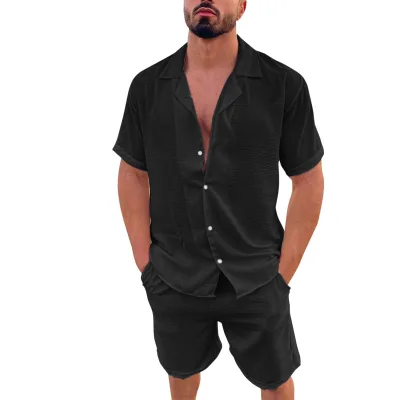 Comfortable Linen Cotton 2-piece Set Solid Color Men's Short Sleeve Casual Shirts +shorts Custom Print Color Summer Wear Shirts