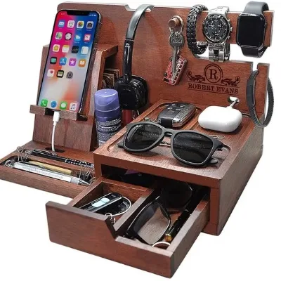 Custom Solid Wood Nightstand Organizer with Valet Tray for Men to Hold Cellphones Watches and Accessories