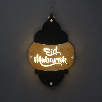 New LED Lantern Arabic Wall Decoration Eid Mubarak Wooden Pendant for Muslim Party Decoration