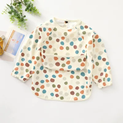 Washable Waterproof Mess Proof Smocked Baby Clothing PU Fabric Cartoon Printed Baby Long Sleeve Apron Bib With Pocket