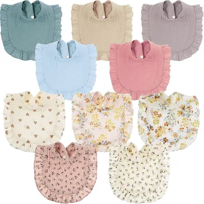 Cartoon Floral Rainbow Infant Cotton Muslin Bandana Ruffle Bibs Newborn Nursing Towel Snap Button Closure OEM Supply Baby Bibs