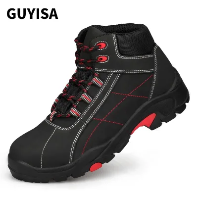 GUYISA Brand New Safety Shoes Fashion Waterproof Two-layer Cowhide Surface Mid-cut Plastic Toe Anti-puncture Safety Shoes