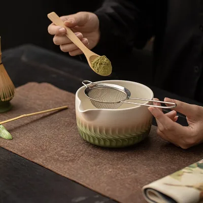 Katakuchi Matcha Bowl Ceramic Two Tone Cream White Sage Green Ribbed Wavy Ridges Spout Chawan Tea Ceremony Home Matcha Bowl