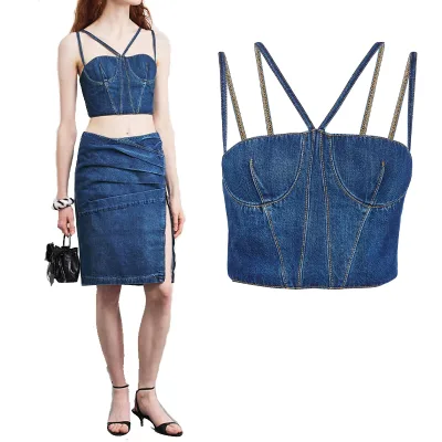 Women's Seasonal Casual Denim Corset Top Crafted From Garment-Washed Niche Design Denim for Summer