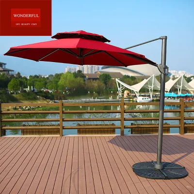 Leisure Outdoor Garden Furniture Roman Umbrella Red Color Double Roof Round Parasol Side Umbrella with Base
