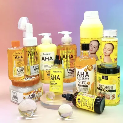 .Hot-sale Original AHA Serum Series for Face and Body Whitening Anti-Aging Moisturizing Lotion Scrub Cleanser Skincare Set