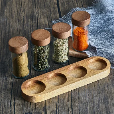 4pcs Wood Spice Jars Set With Spice Rack Organizer