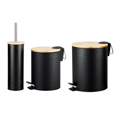 3L 5L Bathroom Toilet Waste Bin and Brush Set Round Pedal Bin with Bamboo Lid