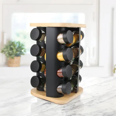 Durable Solid Bamboo and Metal Spice Rack with Rotated Base Modern Multi-Functional Square Storage Rack for Kitchen Flavors
