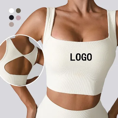 Square Neck Non-adjusted Strap Sports Bra Quick Dry Shockproof Yoga Bra Back Cutout Built-in Bra Solid Ribbed Sports Bra