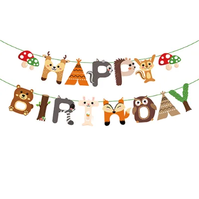 BA154 15pcs Woodland Animals Mushrooms Happy Birthday Banner,Animal Party Supplies for Forest Themed Birthday Party
