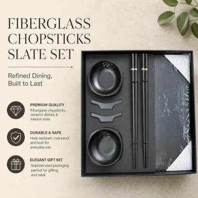 Custom Logo Fiberglass Chopsticks Slate Plate Dinnerware Set Black Ceramic Dishes Gift Box OEM