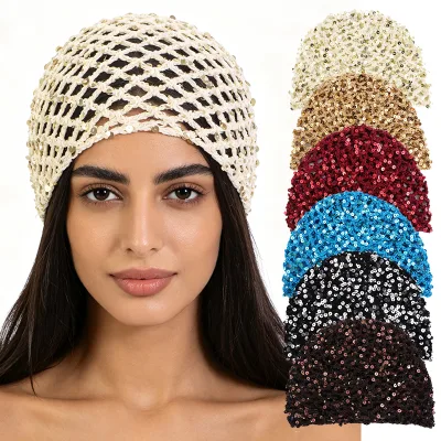 Wholesale Glitter Sequin Mesh Beanie Crochet Turban Hair Snood for Women Sparkly Diamond Knitted Hair Nets