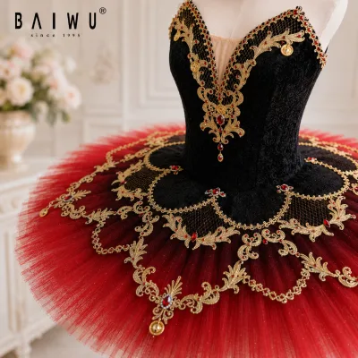 Custom Custom Black Red Gold Embroidered Classical Ballet Tutu Costume for Stage Performance