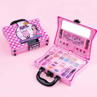 Portable Kids Makeup Suitcase Washable Non-Toxic Cosmetic Set Eyeshadow Lip Gloss Lipstick Nail Accessories Gift for Girls 3+