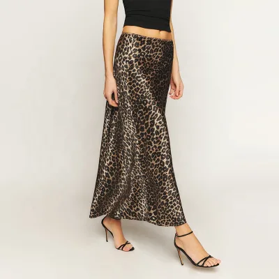 Women Elastic Waistband 100%silk Leopard Midi Skirt Plus Size Women High Waist Silk Satin Leopard Print Elasticized Skirts