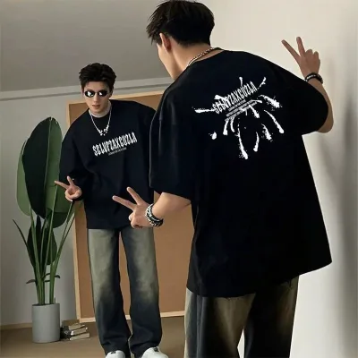 Men's Oversized Graphic Print T-Shirt, Back Letter Streetwear Short Sleeve Tee