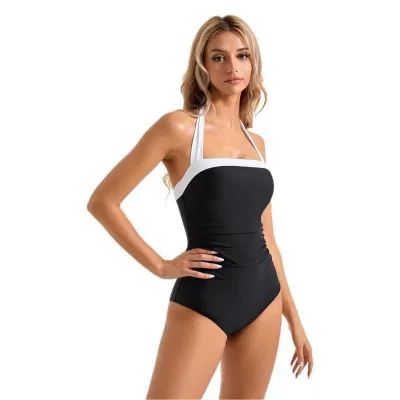 Wildness Women Contrast Trim Halter One Piece Swimsuit Ruched Tummy Control Anti Roll Bathing Suit, Seamless Invisible Wear