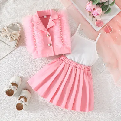 Summer New Girls' Sweet Cute Casual Solid Color Princess Polyester Fiber Feather Beaded Vest Pleated Skirt Three-Piece Clothing