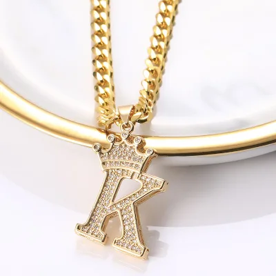 Fashion Rhinestone Crown Word Long Chain Accessories Bling 26 Letter Necklace Clothes Accessories