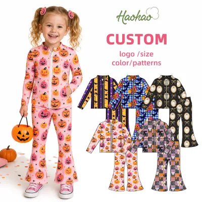 New Product Launch Halloween Children's Clothing Slim Fit Front Zip Jacket Flared Pants Athleisure Girls Two Piece Set