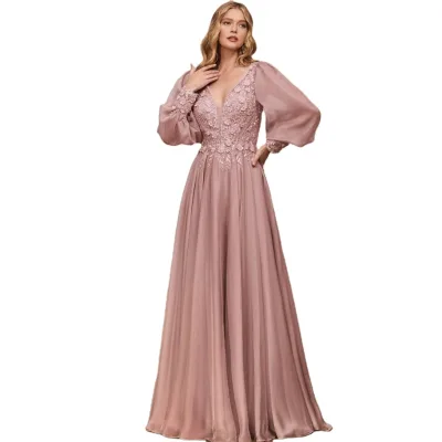Formal Evening Gown Mother of the Bride Dress Elegant V-neck Women  Chiffon Wedding Party A-line