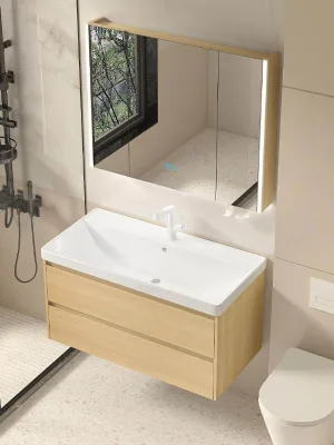 Solid Wood Log Cream Ceramic All-in-One Wall-Mounted Bathroom Cabinet Smart Wash Basin Copper Drainer Combination Wash Box 75cm