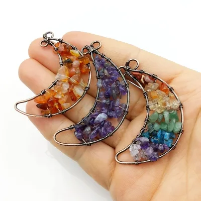 Seven Chakra Necklace Pendant Handmade Wire Gemstone Chips Crescent Moon Reiki Crystal Agate Pendant for Necklace Jewelry Making