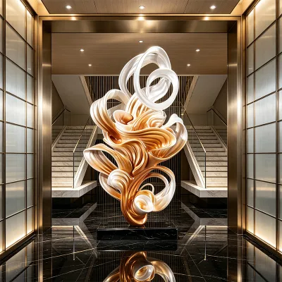 Professional Factory Custom Cartoon Gradient Gold White Flowing Ribbon Fiberglass Carved Floor Sculpture for Hotel Lobby Sales
