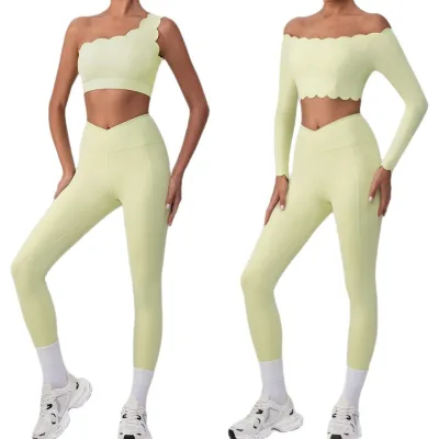 Lace One Shoulder Bra Leakage Sports Tank Top Women's Crossover High Waisted Fitness Pants Set