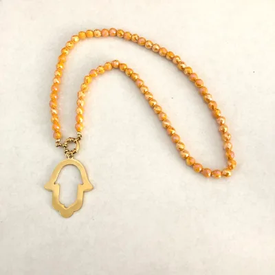 Exquisite Stainless Steel Hamsa Pendant Orange Crystal Necklace for Women Banquet Party Jewelry Accessory Family Gift