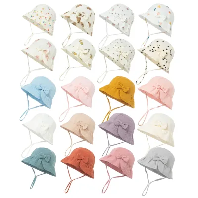 Breathable Muslin Soft Cotton Bowknot Sun Hat Cute Bucket Fisherman Hat for Baby