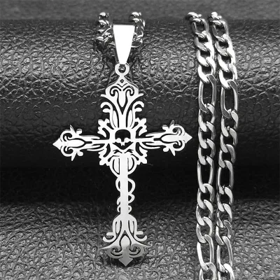 Christian Trendy Vintage Flower Design Cross Pendant Necklace Women Men Punk Fashion Party Gold Plated Wholesale