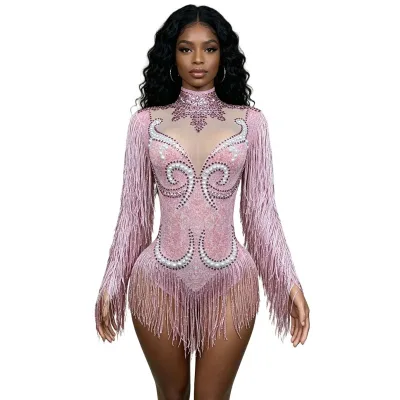 Luxury Silver Tassel Rhinestone Bodysuit SexyMesh Sheer Long Sleeve Party Jumpsuit for Singer Dancer, Nightclub Bar Performance