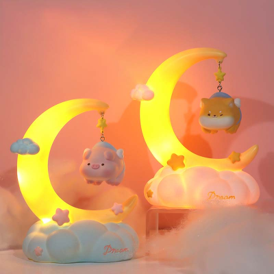 Kawaii Cartoon Moon-Shaped Night Light Cute Doll Figures Anime-Inspired Mini Bedside Children's Desk Lamp AAA Battery Powered
