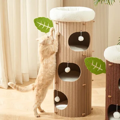 Modern Warm Multi-Layer Cat Tree House Solid Pattern Cat Scratching Board Integrated Hole for Home Office Cat Climbing Nest