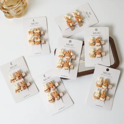 2 Pieces Cute Cartoon Rabbit Hair Clips for Girls Women Luxury Fabric Resin Hair Clips Set Beige Coffee Pins
