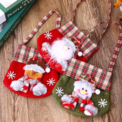 New Arrival Plaid Cartoon Santa Claus Christmas Decoration Candy Bags Gift Bag Christmas Bag