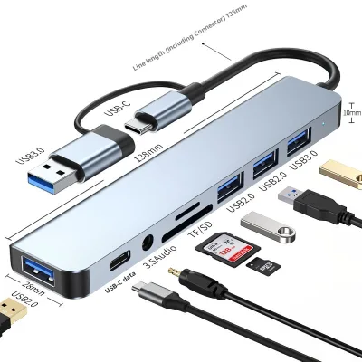 Multiple Ports Extender USB3.0 TF SD Card Reader 100W DC Charger Adapter for Mobile Phone Laptop Notebook 8 in 1 Type C HUB