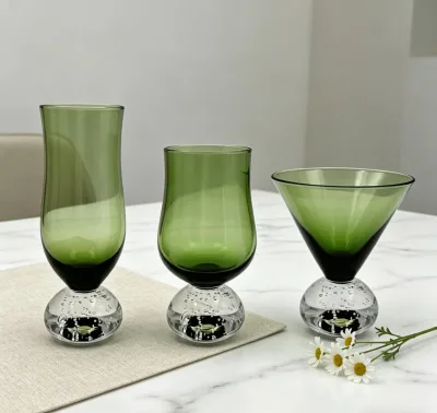 Hot Sales Crystal Glass Green Colored Handmade Heavy Bubble Ball Stem Champagne Red Wine Cocktail Drinking glassware Goblet Set