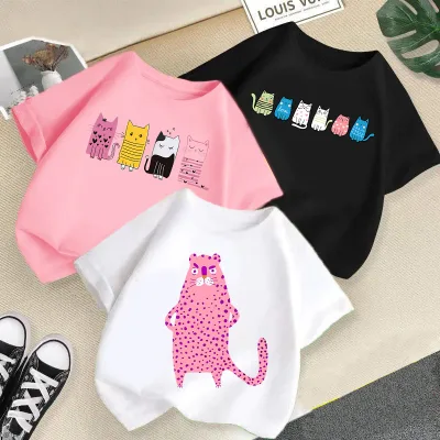 Summer New Round Neck Printed Children's Clothing Girls' T-Shirt Short-Sleeved Cute Cat Loose Top Girls Summer Clothing