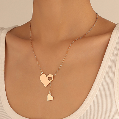Fashion Jewelry Double Heart Necklace Hollow Out Heart Pendant Necklaces Stainless Steel Girls Necklaces