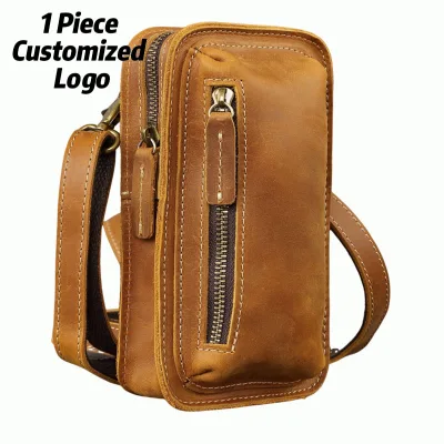 Men's Genuine Cowhide Leather Waist Bag Multifunctional Crazy Horse Small Crossbody Phone Pouch Messenger Bag