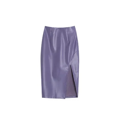 New Arrivals Spring A-line Purple Pu Leather Asymmetrical Plus Size Side Opening Midi Skirts for Women