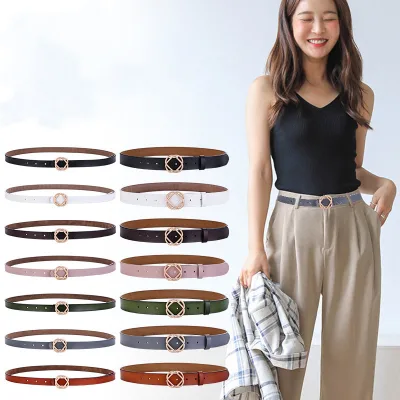 Female Thin Genuine Leather Belts 2cm-3.5cm Strap Waist Belts Gold Flower Buckle Waistband for Women Ladies Jeans