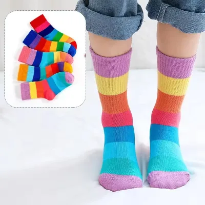 Wholesale Cute Mid Calf Striped Rainbow Socks Fashionable Casual Cotton Crew for Girls and Kids Winter High Target