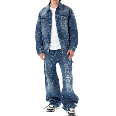 DiZNEW Men's Jeans Set Custom Plus Size Fashion Paint Dot Print Wash Denim 2 Piece Set Men
