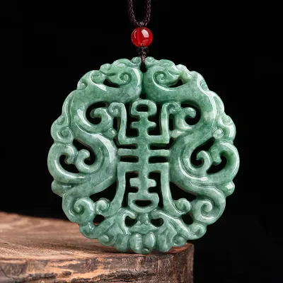 Natural A-grade Green Tungsten Hollow Antique Jade Zodiac Double Dragon Pendant Ethnic Style Unisex Jewelry Birth Year Charm