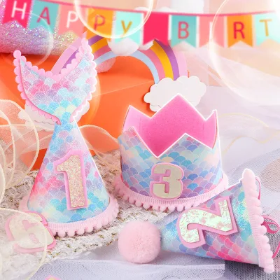 Rainbow Gradient Mermaid Crown Birthday Hat Baby Party Decor Cute Headwear Tail Princess Crown - Sparkling Party Headwear