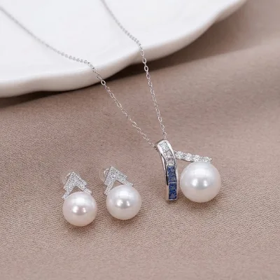 Natural Round Freshwater Pearl Sapphire Blue Accent Micro Pavé Zircon Arch Pendant Chevron Earrings 2-Piece Set Solid 925 Silver